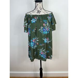 Terra & Sky Green Blue Pink Floral off the shoulder flutter short sleeve blouse